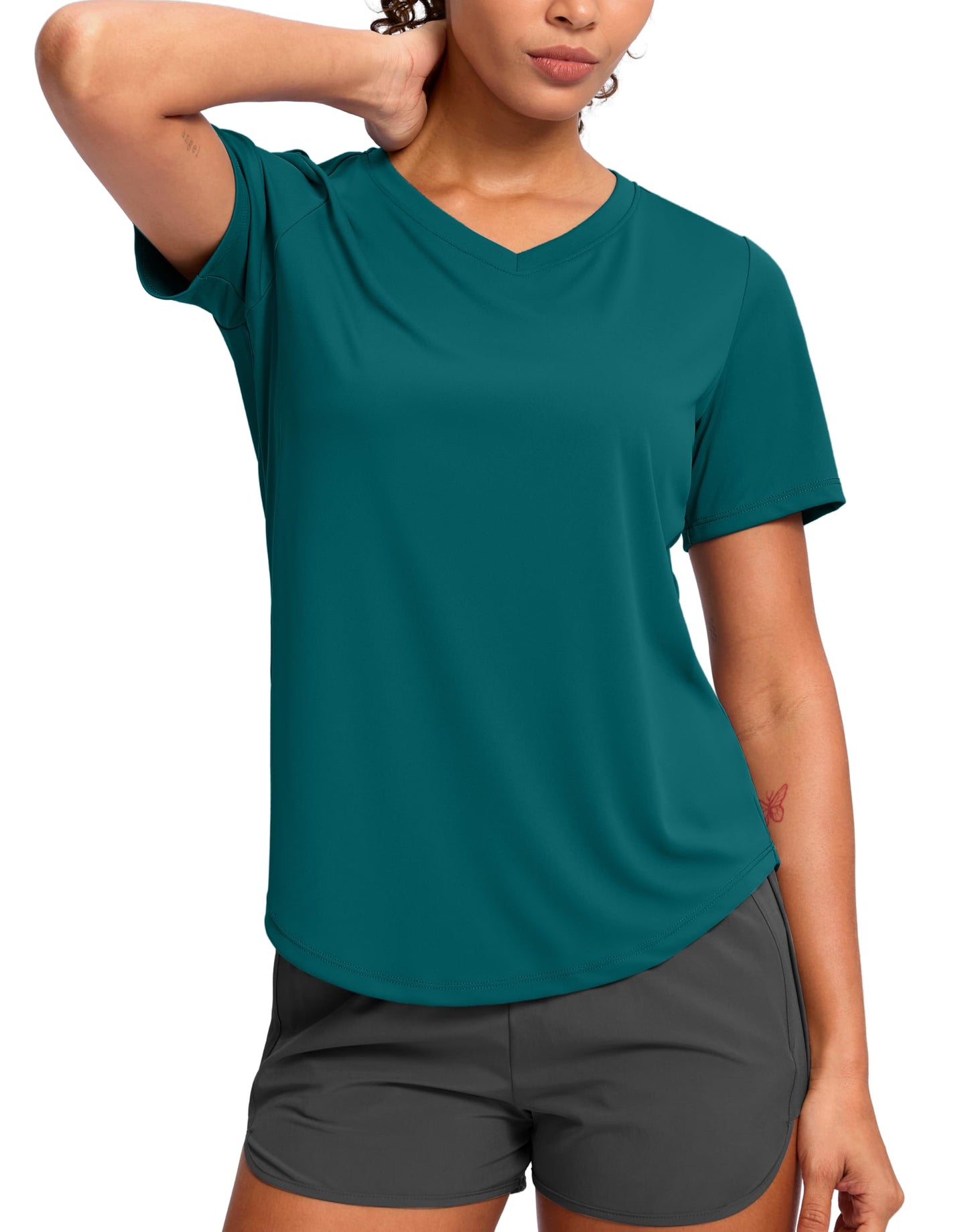 Womens Workout Shirts V-Neck Short Sleeve UPF 50+ Sun Shirt Moisture Wicking Dry Fit Top for Gym, Running, Athletic (Harbor Blue, XL)