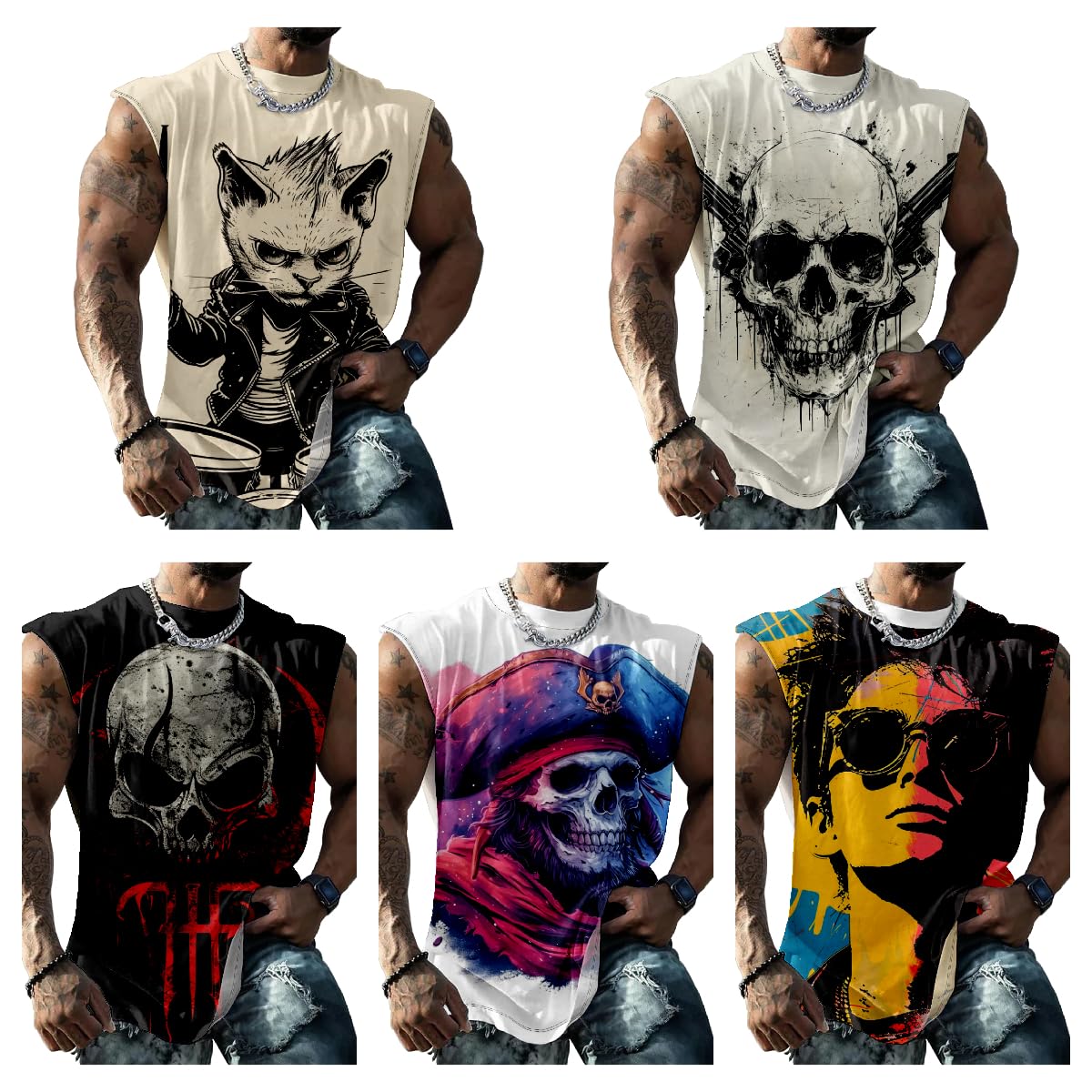 Biacolum Skull Graphics Mens Muscle Shirts Sleeveless Muscle Tank Top Summer Trendy Tough Guy Workout Big and Tall Muscle Shirts for Men Lightweight Tank Tops Suitability Gym Athletic,hat Yellow,L