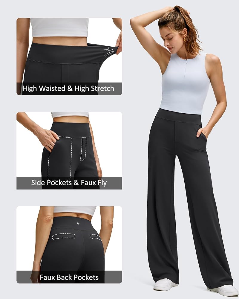 G4Free BareFeel Women’s High-Stretch Wide-Leg Pants with Pockets, Black, Medium