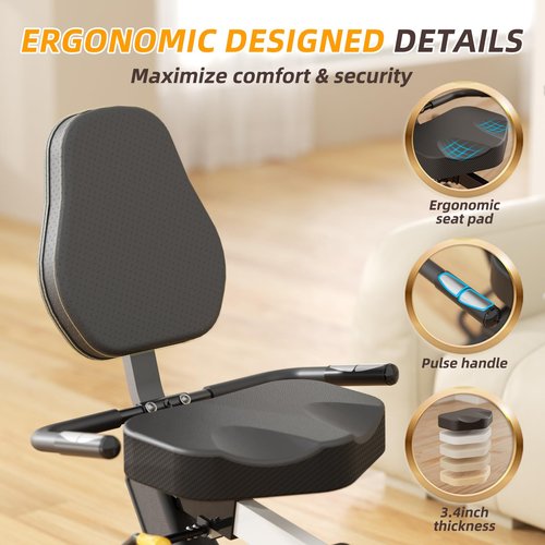 VANSWE Recumbent Exercise Bike, Recumbent Stationary Bikes for Home 400 LBS Weight Capacity, Exercise Bike for Home Seniors with Smart App and Bluetooth Connectivity, LED Display, Pulse Handle (Yellow/Black)