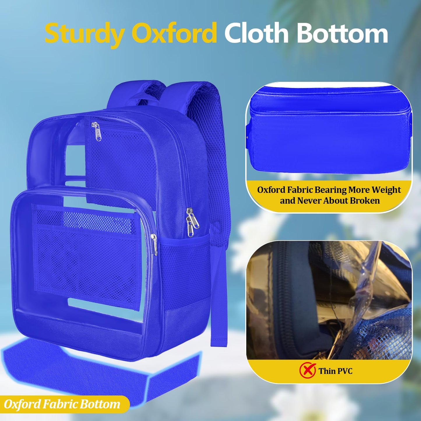 BrillaraSymn Heavy Duty Clear Backpack for School, Sturdy Fabric Clear Bookbag, Transparent PVC & Oxford Backpacks with Privacy Pocket for Boys Girls,Men & Women, Blue