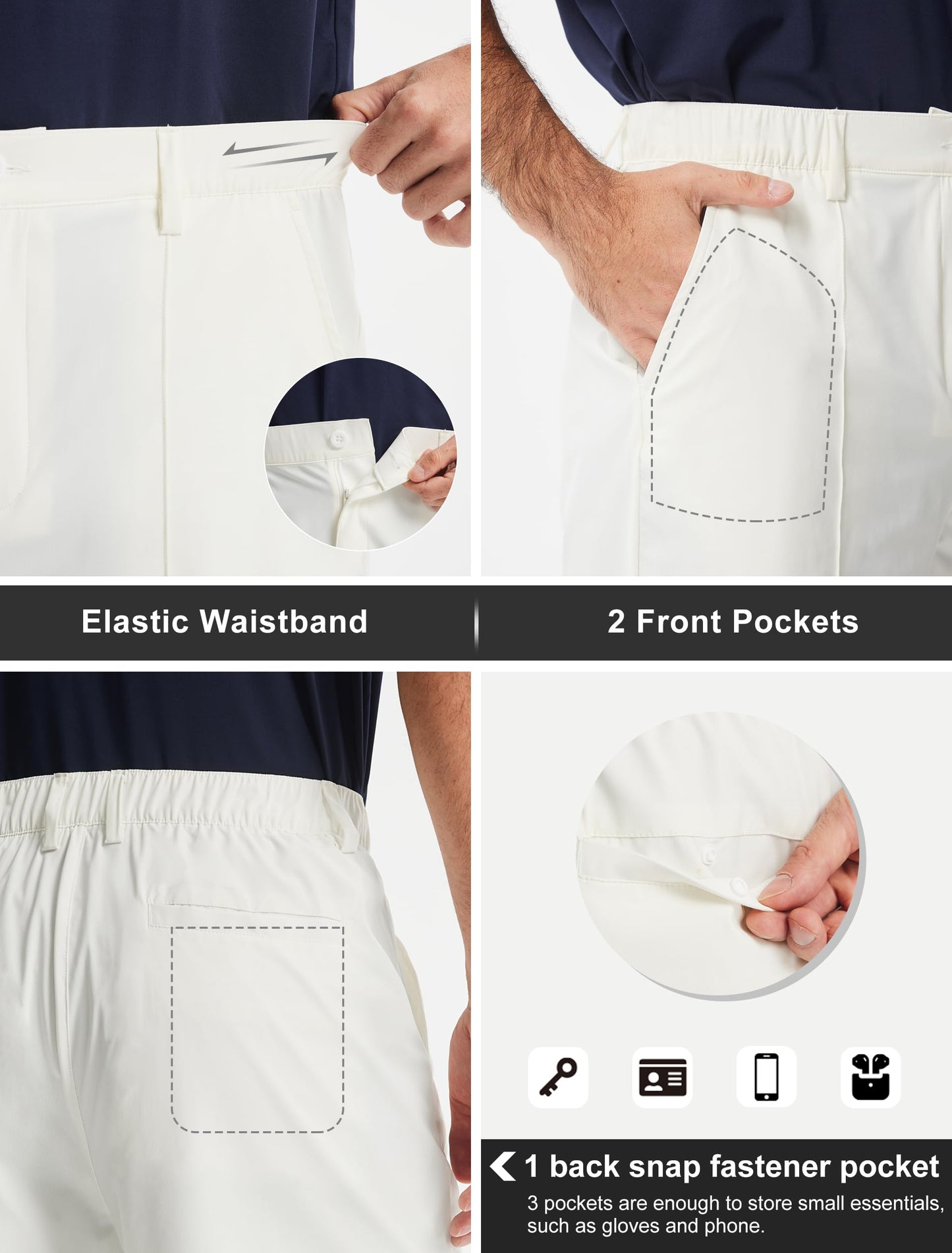Libin Men's Classic Fit 9" Golf Shorts Elastic Waist Casual Shorts Quick Dry Lightweight Stretch Dress Travel Summer Outffits Work Outdoor Sports with Pockets White 32