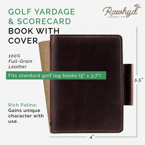 RAW HYD Leather Golf Scorecard Holder Book w/Slot & Pen Loop - Durable Full-Grain Leather Yardage Book & Lineup Card Holder - Refillable Log for Tracking Stats GIRs(Pen not included)