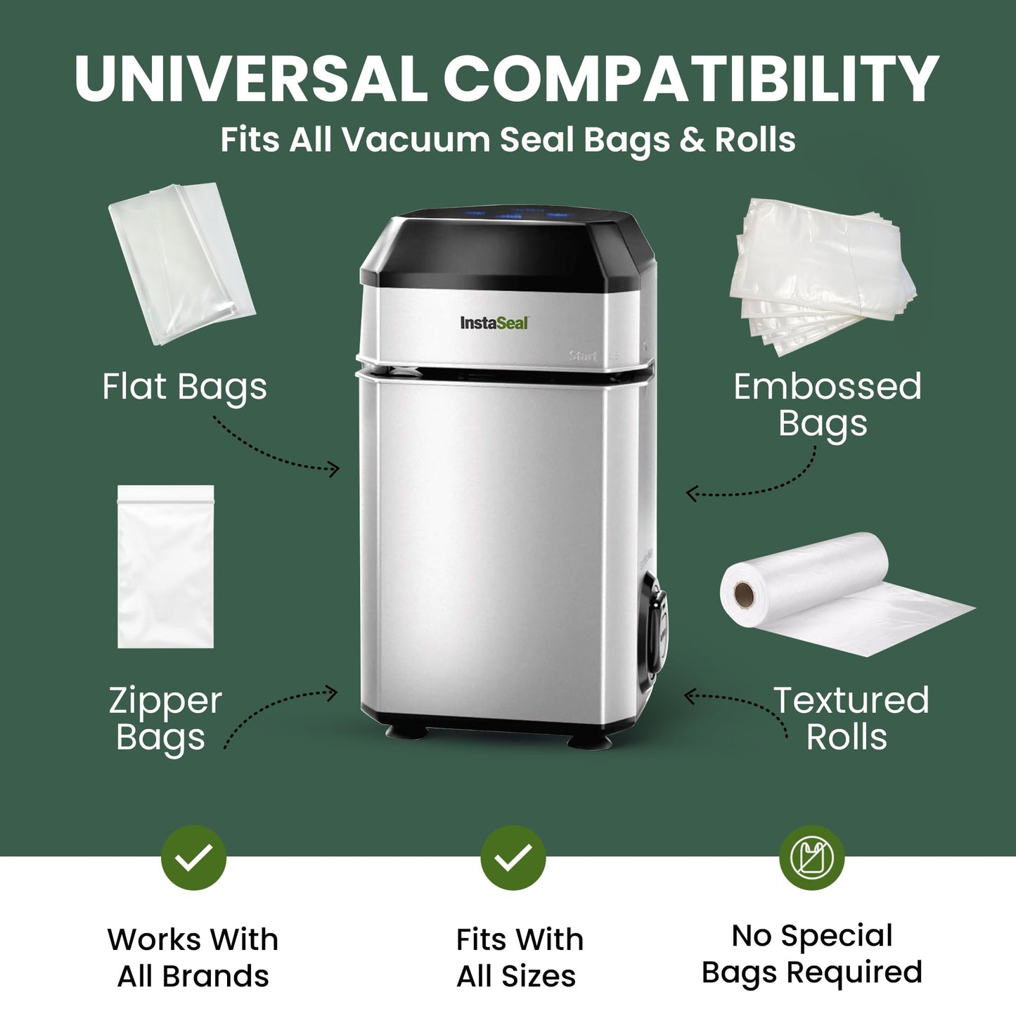 InstaSeal Vacuum Sealer for Food with 12 Bags, Compact Upright Design Allows Machine to Seal Marinades, Soups, Meats for Sous Vide Cooking, Vegetables, Double Heated Seal Keeps Food Fresher Longer
