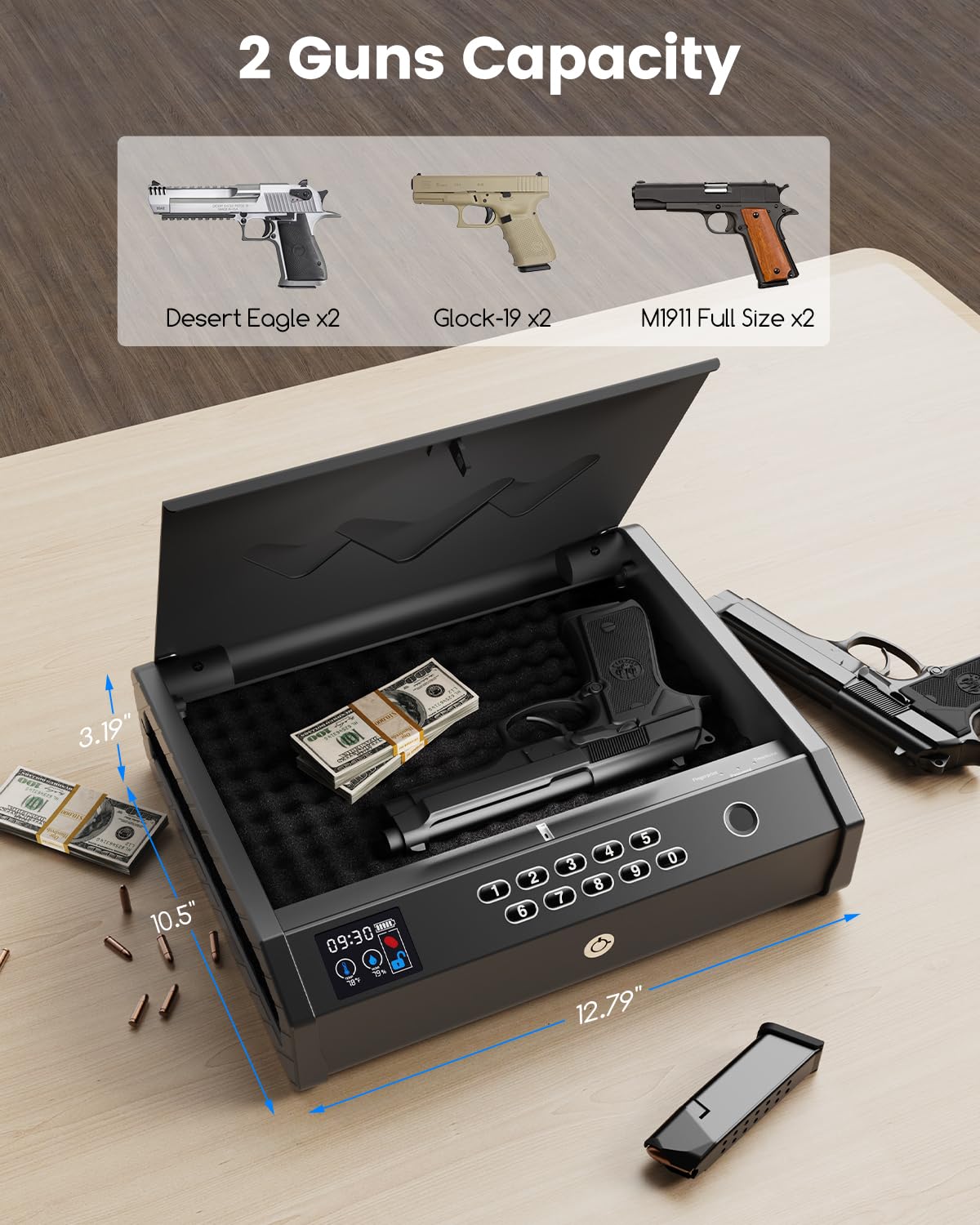 MOLICAR Gun Safe, Biometric Gun Safes for Handgun with LCD of Temp Humidity Battery, USB-C Port, Fingerprint Quick Access Pistol Safe for Home Bedside Nightstand Car