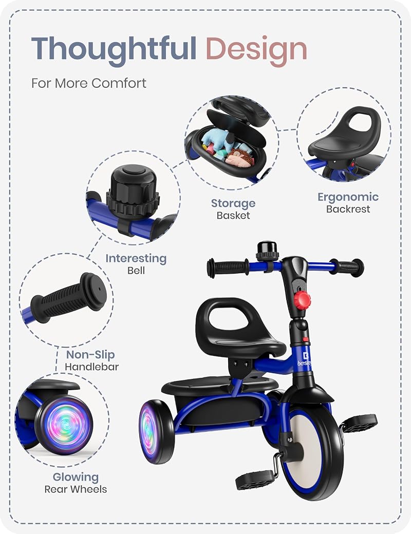 Besrey Blue Flash Wheel Tricycle for Toddlers 18 Months to 5 Years - 2-in-1 Foldable Kids Bike with Bell