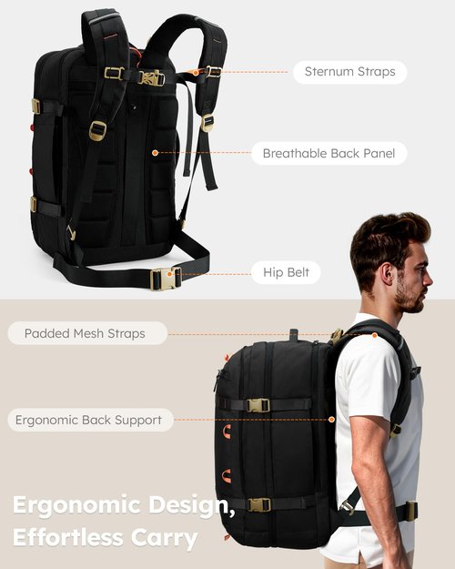 Tolaccea Travel Laptop Backpack, TSA Flight Approved Carry On Travel Duffel Backpack, Dual Laptop Storage for 17.3" and 15.6" Laptop, Large Luggage Backpack 45-50L Expandable for Men Women (Black)