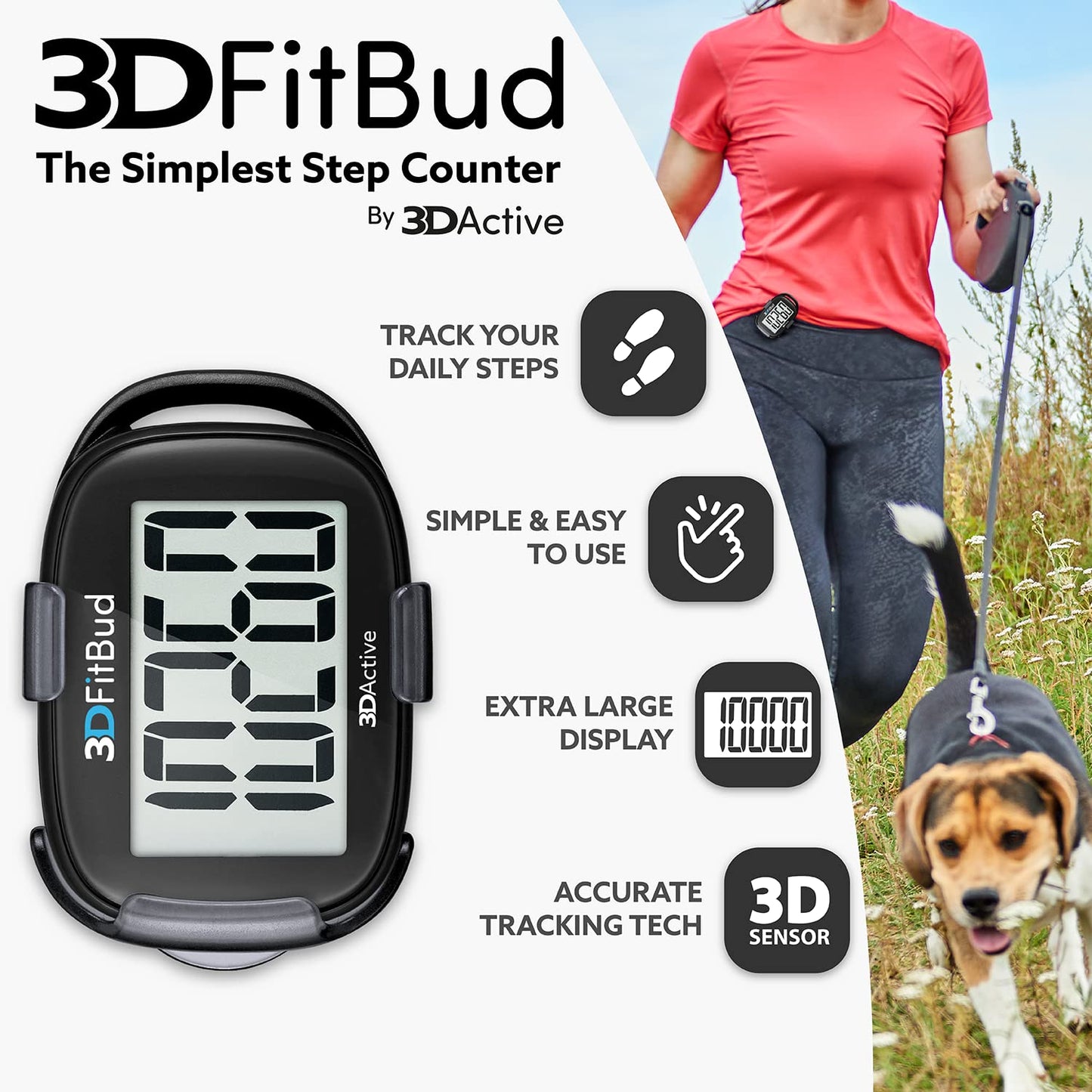 3DFitBud Simple Step Counter Walking 3D Pedometer by 3DActive with Clip, Lanyard Accurate Step Tracker Large Display, Easy to Use for Kids Men Women Adult Seniors Daily Step Tracking - A420S - Black