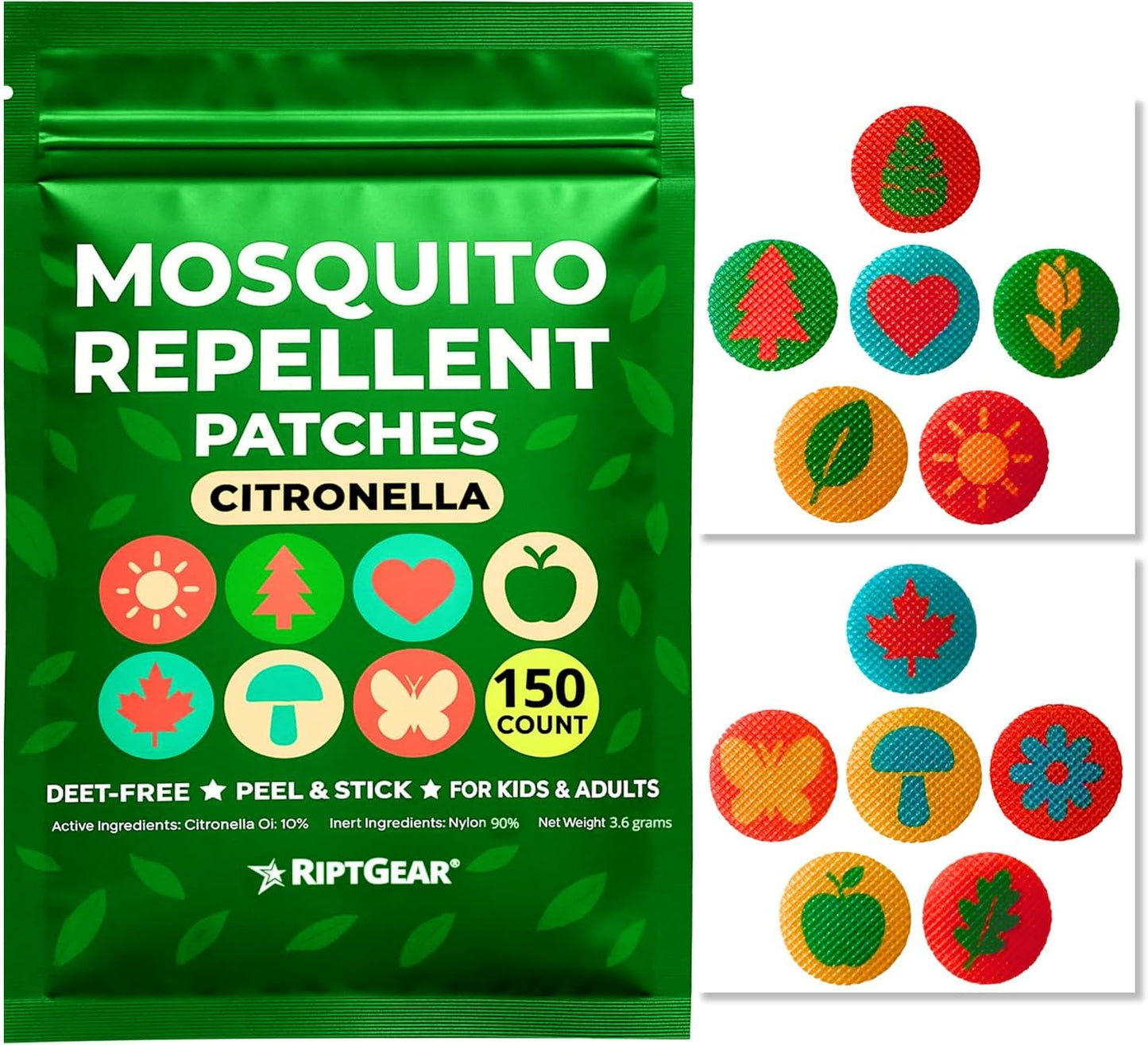 RiptGear Natural Mosquito Patch Stickers for Kids - Insect Citronella Oil Stickers (150 Pack)