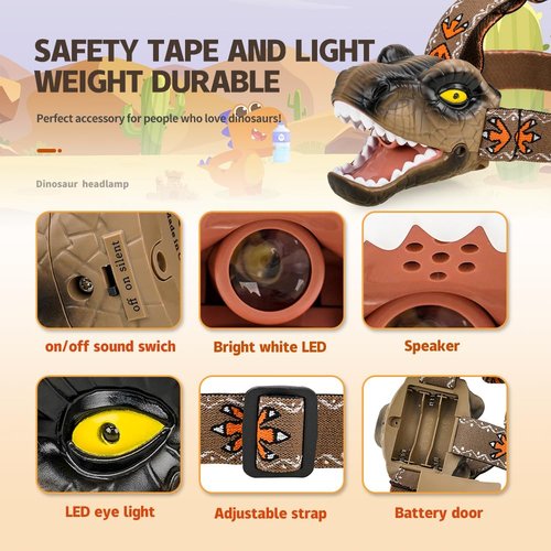 Niovexium LED Dinosaur Headlamp for Kids, Children's Toy Flashlight T-Rex Dinosaur Toys for Age 3 4 5 6 7 8 9 Years Old Kids, Camping Hiking Gear for Boys(Brown)