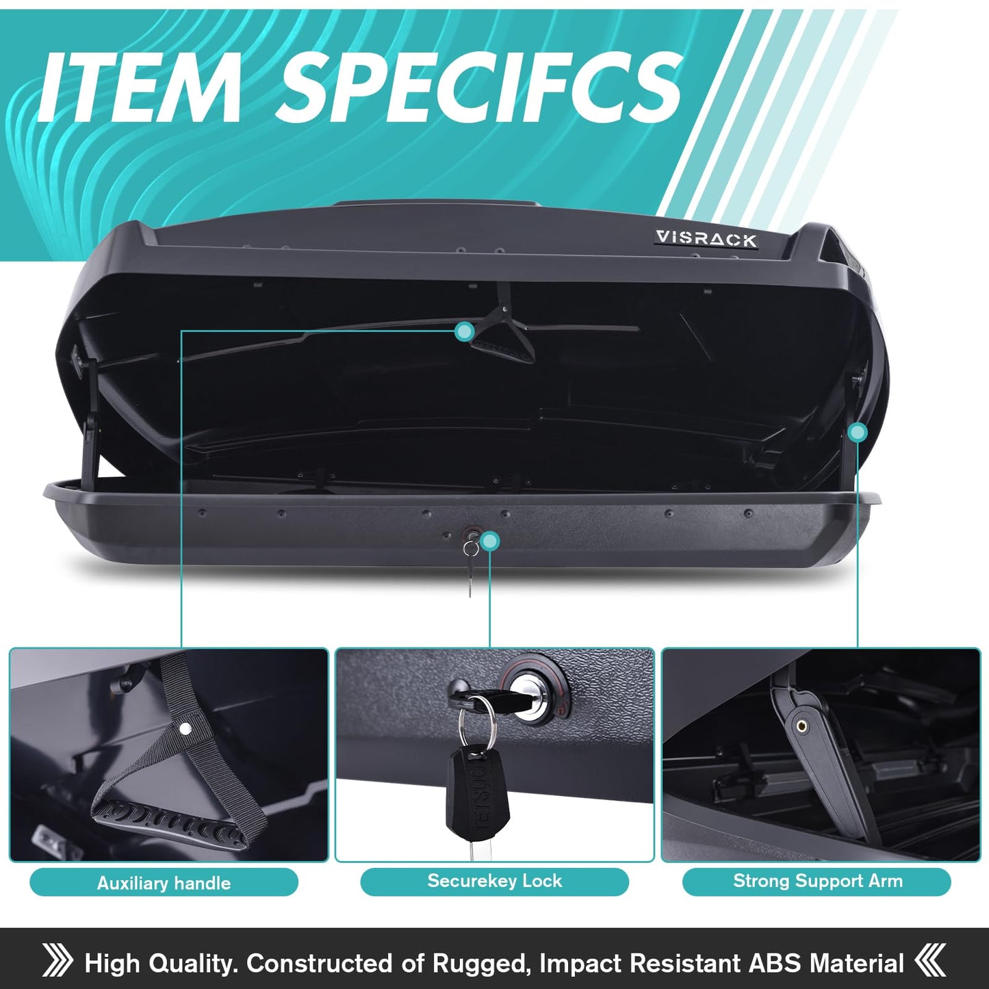 VISRACK Hard Shell Roof Cargo Box Carrier with Security Keys,Heavy Duty Waterproof Rooftop Storage Box,58.3 (L) x35.4 (W) x 13(H) Inches,15.5 Cubic Feet (Tool-Free Install),Dual Side Opening,Black