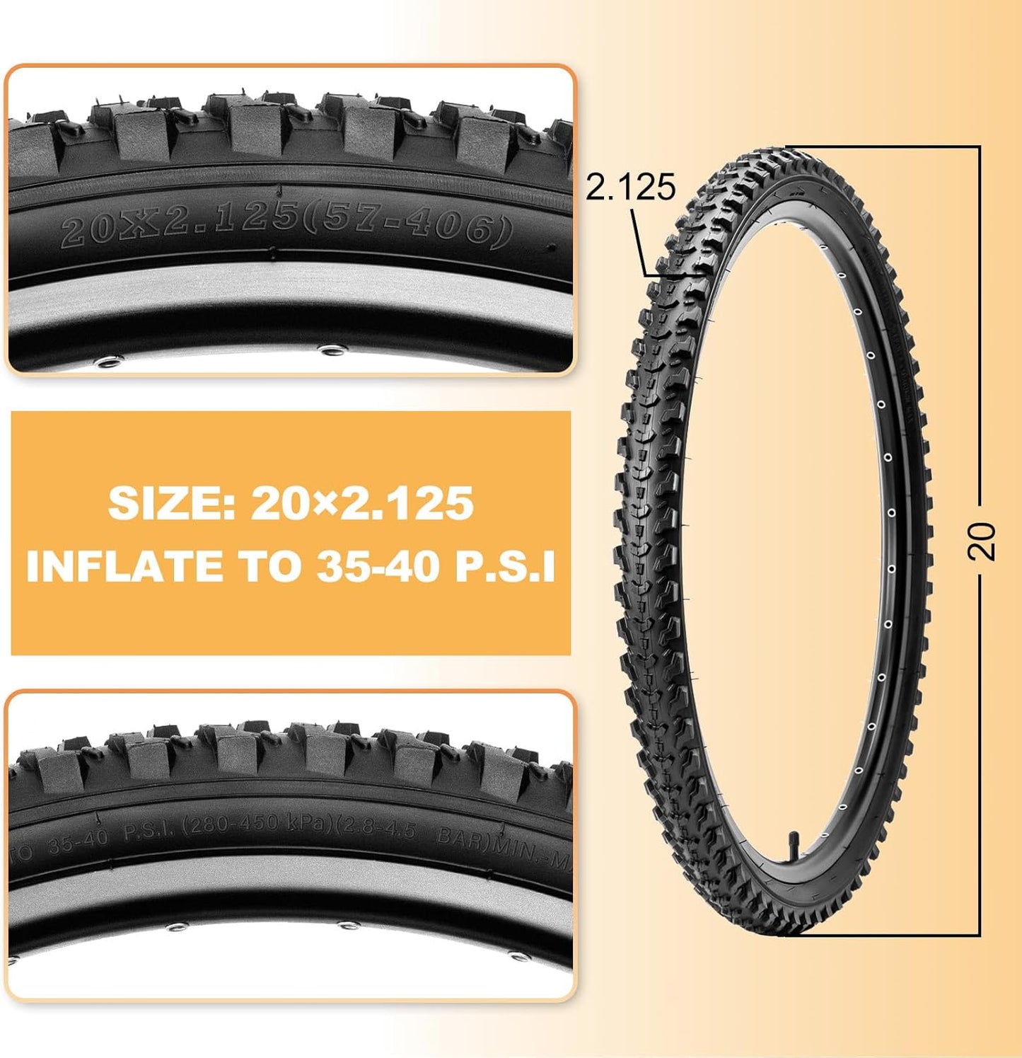 Hycline Mountain Bike Tires Set: 2-Pack 20/24/26x2.125 Inch Folding Replacement High-Density Bicycle Tires and Pair Inner Tubes with Tire Levers Compatible for Street & Off-Road Riding
