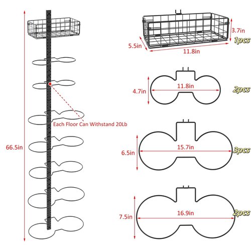 8 Tier Detachable Wall Mounted Basketball Rack,Vertical/Horizontal Football Holder,Holds 14 Balls DIY1/2/3/4 Soccer Stand,Height-Adjustable Ball Rack with Basket for Garage,Tool Room