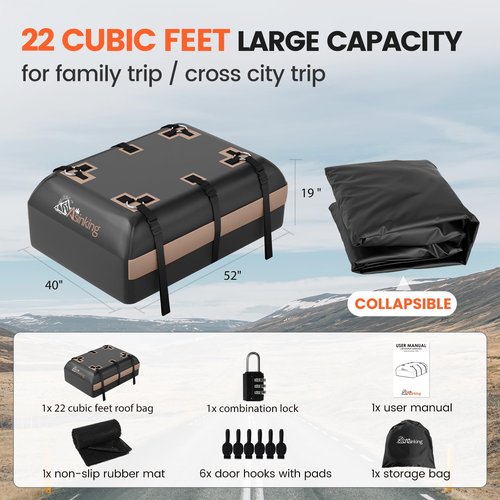 Asinking Car Rooftop Cargo Carrier Bag, 22 Cubic Feet Waterproof Roof Cargo Bag, 500Lbs Break Strength, Fit Vehicles with/Without Roof Rack, Includes Anti-Slip Mat, 6 Door Hooks, Luggage Lock
