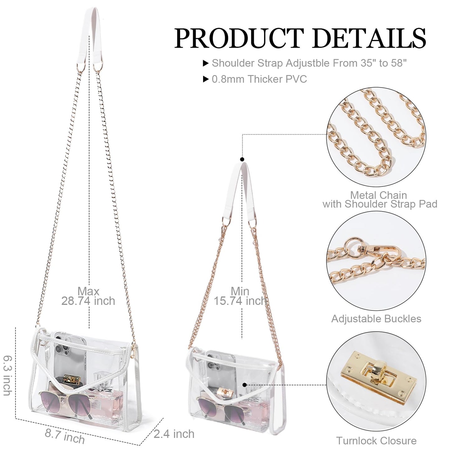 Bucosd Clear Purse for Women Stadium Approved, Clear Crossbody Bag with Leather Edging for Concert Sports events (White - Gold Chain with Shoulder Strap Pad)