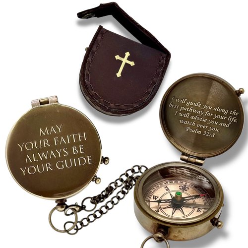 Compass Engraved 'May Your Faith Always Be Your Guide ~ Psalm 32:8' Brass Compass, Keepsake Gifting Compass, for Special Occasions | Direction Guide