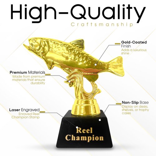 Vaulted Skulls & Co Fish Trophy | Reel Champion Trophies | Golden Fishing Trophy | Big Fish Trophy | Award for Fish Derbies and Fishing Tournaments | Fishing Prizes | Gold/Black | 3"