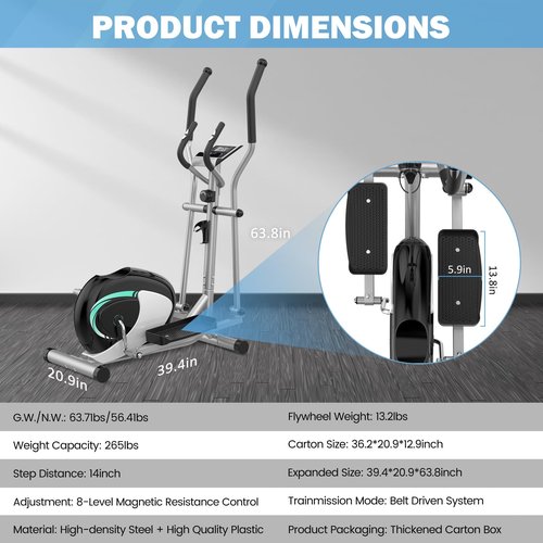 Elliptical Machine, Dripex Magnetic Elliptical Training Machines, Hyper-Quiet Fitness Cardio Elliptical Trainer w/ 6KG Flywheel, 8 Resistance Levels, Heart Rate Sensor, LCD Monitor & Device Holder
