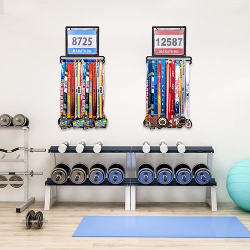 Moxweyeni Race Medal and Bib Display Medal Hanger Running Bib Holder Wall Mounted Hanging Rack Stands Gifts for Runners(Black,13.78 x 11.22 Inch,Classic)