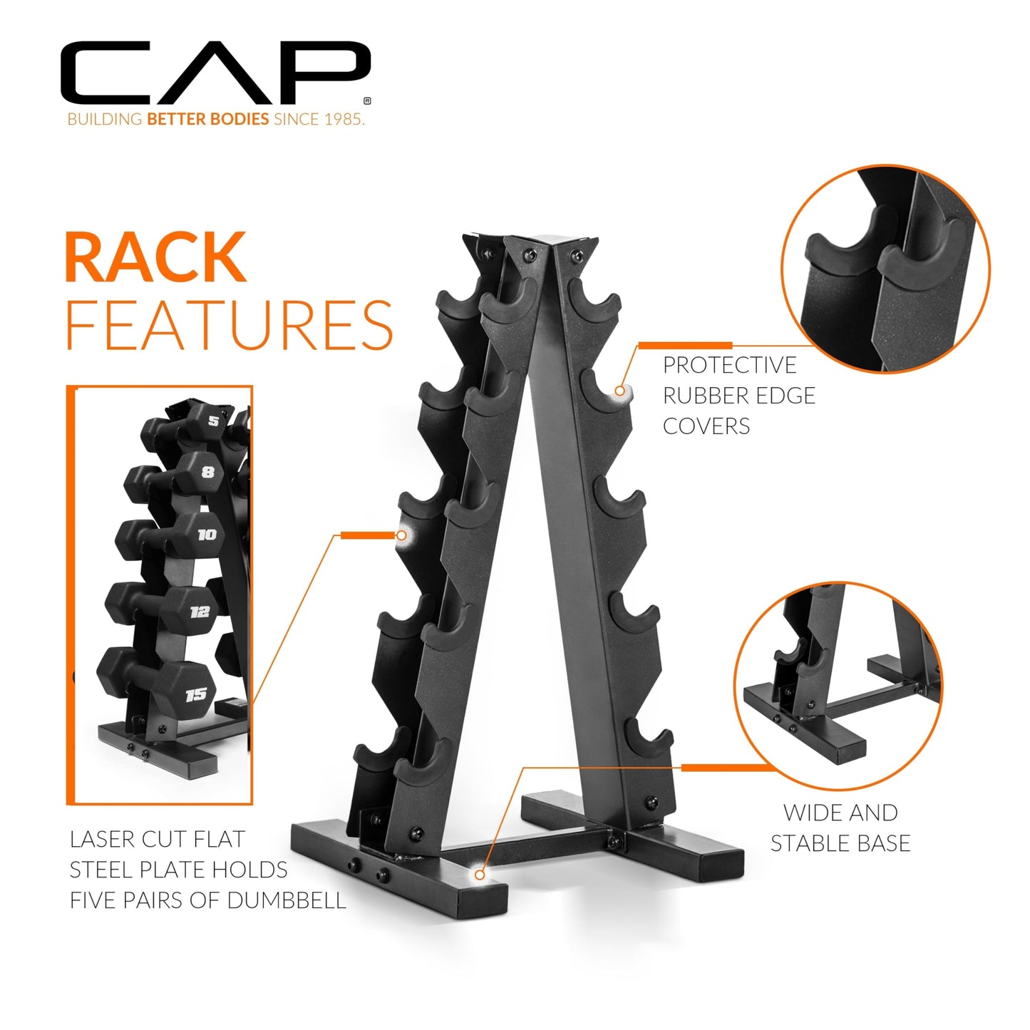 CAP Barbell 100 lb Neoprene Hex Dumbbell Weight Set with Vertical A-Frame Rack - Black