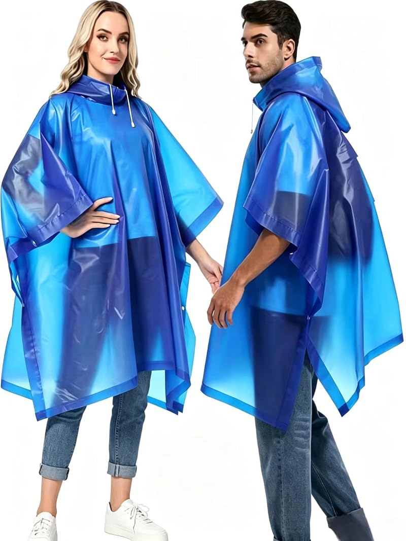 HOOMBOOM 2-Pack Reusable Rain Ponchos for Adults Blue, Lightweight EVA Emergency Rainwear