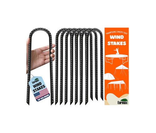 Eurmax USA Ground Anchors, Heavy Duty Ground Stakes, Trampoline Stakes, Tent Stakes Anchor Kit for High Wind, 12” Galvanized Steel Rebar Stakes, Metal Stakes, Trampoline Accessories,Pack of 8(Black)