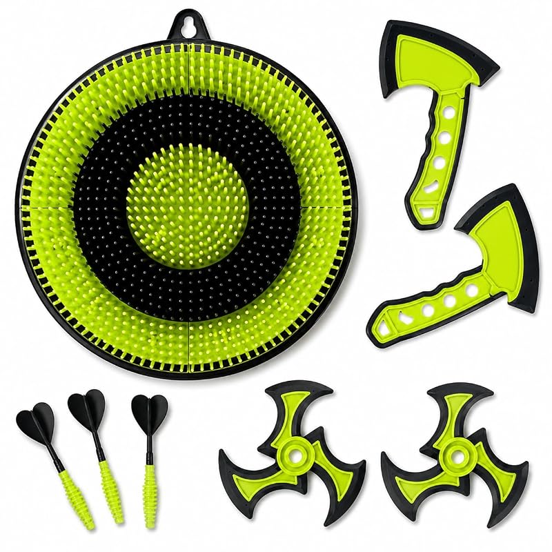 Leeray 3-in-1 Axe Throwing Game with Bristle Target Board - 12-Inch Green (Black+Green) Variation