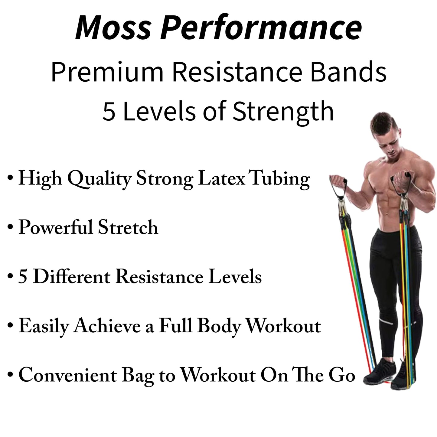 Moss Performance Premium Long Tube Resistance Bands with Handles, Set of 5 Strengths with Carrying Bag, for Men and Women, Strength Training Home Gym Workout Equipment