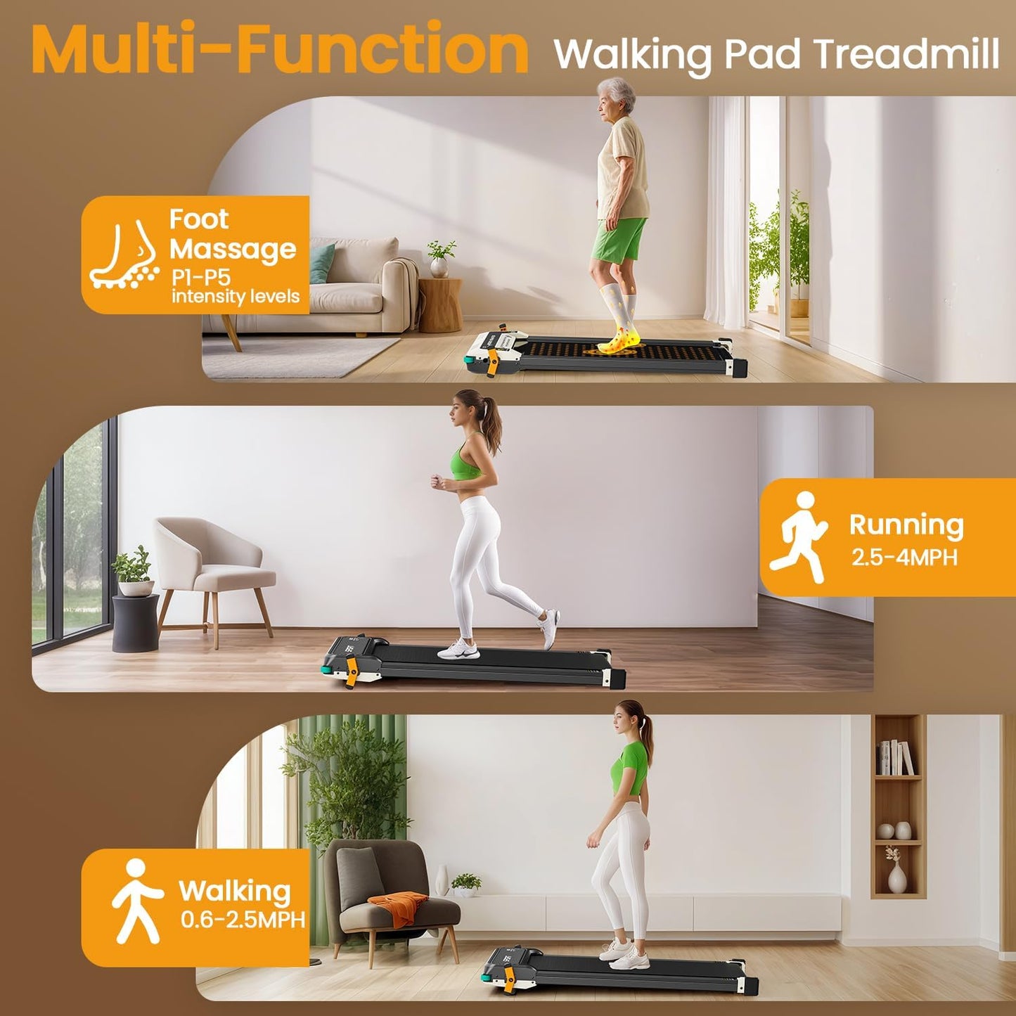 2 Side Walking Pad Treadmill with Incline Massage Function, 2 in 1 Under Desk Treadmills Walking Pad and Foot Massager for Home/Office, Portable Treadmill with Remote Control LED Display