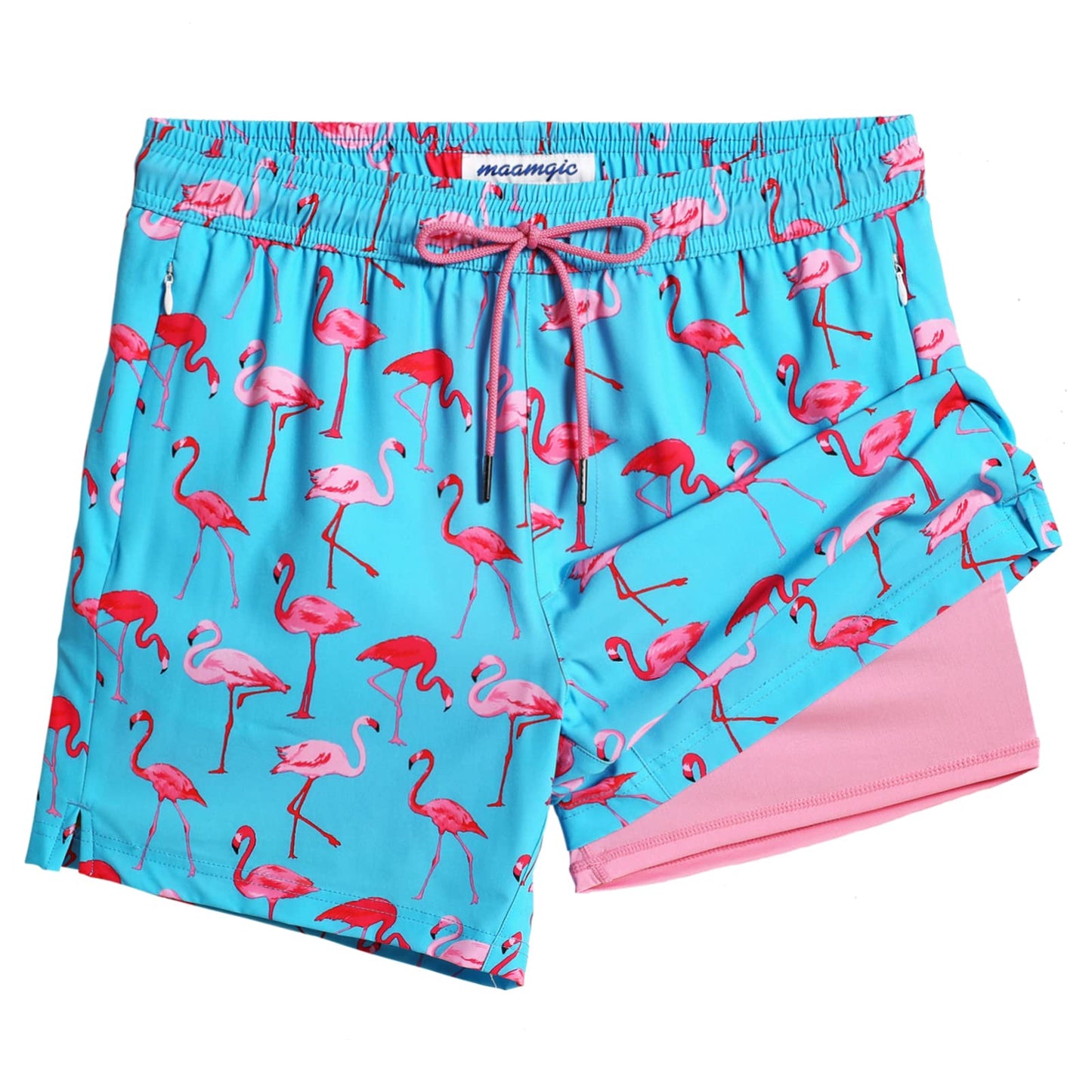 maamgic Mens Swim Trunks with Compression Liner 5 Inch, Quick Dry Bathing Suit with Zipper Pockets, Stretch No-Chafing Swim Shorts, SkyBlue-Flamingo Large