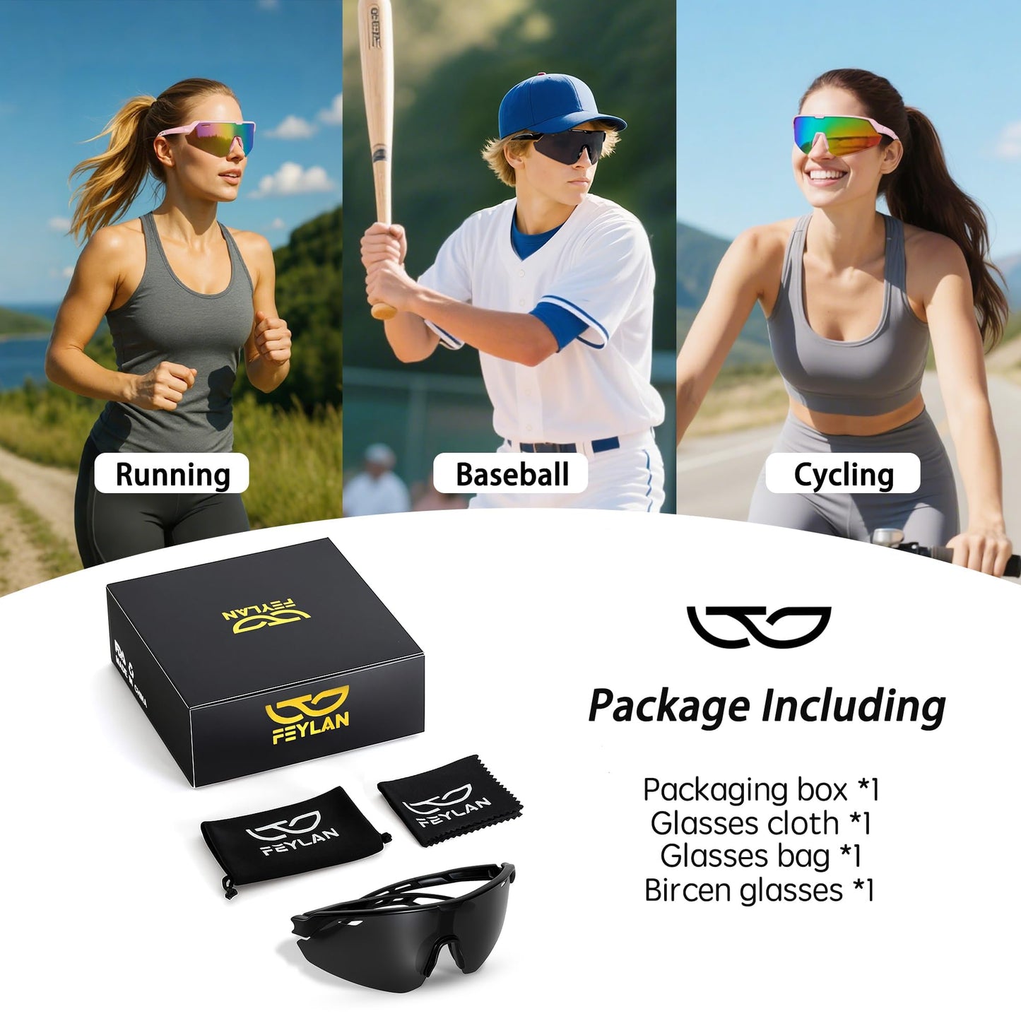 Feylan Polarized Sports Sunglasses for Men Women – UV400 Protection, Lightweight 24g for Running, Cycling, Baseball, Fishing