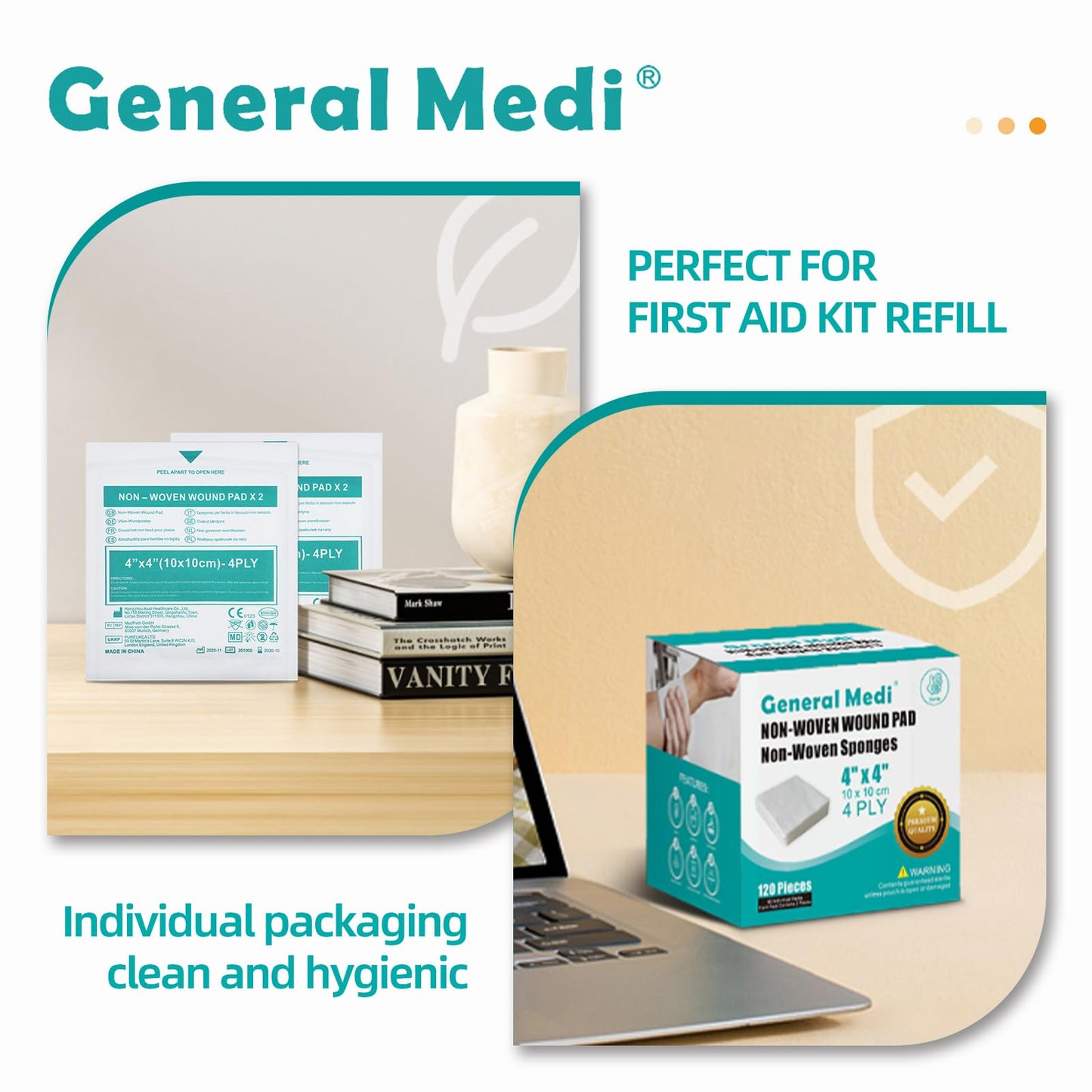 General Medi Sterile Gauze Sponges, 4" x 4" Non-Woven Wound Pads - Individually Wrapped Highly Absorbent Sponges Pads for Cushioning Minor Wounds, Cuts & Burns Wound Care (60 Packs, 120 Pieces Total)