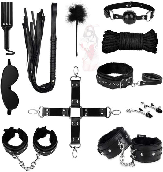11-Piece Fitness Equipment Set (Black Leather), for Sport and Fitness, Versatile, Ergonomic Design, Stable and Non-Slip, Premium Black Leather -Z