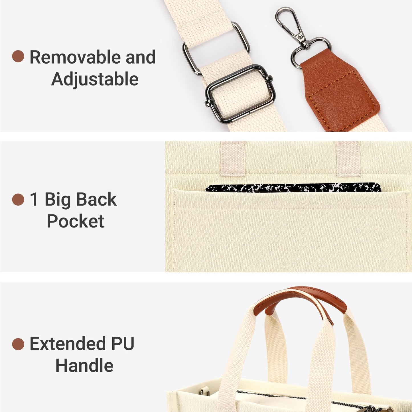 ZORFIN Canvas Tote Bag for Women with Zipper and Compartments Crossbody Work Laptop Bag for Travel College Office, Beige