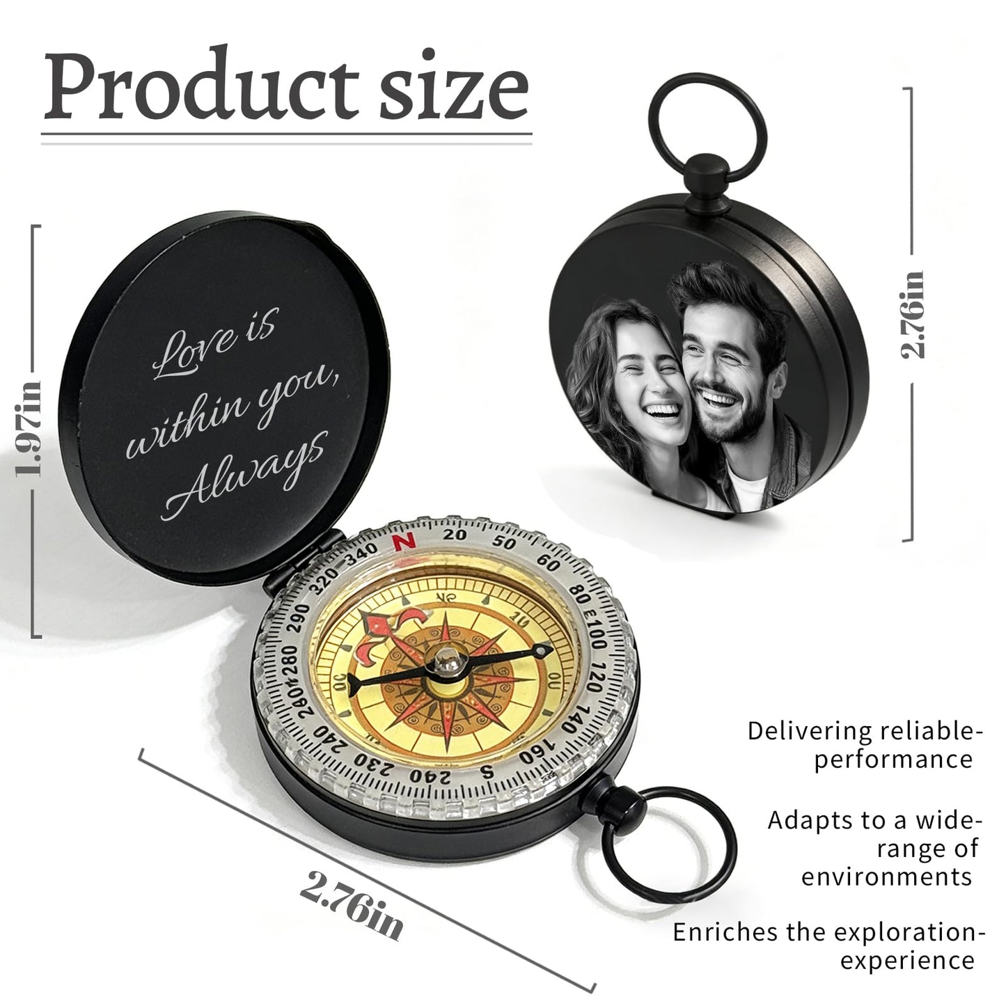 Custom Crowd Compass Keychain Engraved with Text Photo Personalized Brass Compas Waterproof Luminous Function for Men Boyfriend Groomsmen Son Graduation Gifts (Engraved Compass)