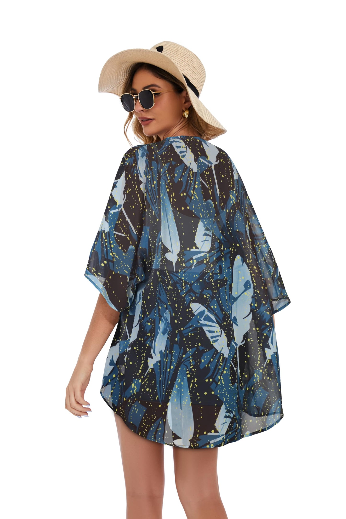 Womens Casual Coverup Summer Kimono Cardigan Hawaiian Shirts Loose Blouse Duster （Firefly Blue Print,2XL）