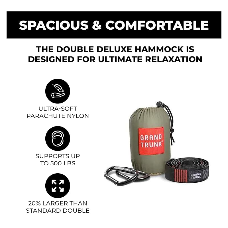 Grand Trunk Double Deluxe Hammock – 10'6" x 6'6", 400 lb Capacity, Green/Charcoal
