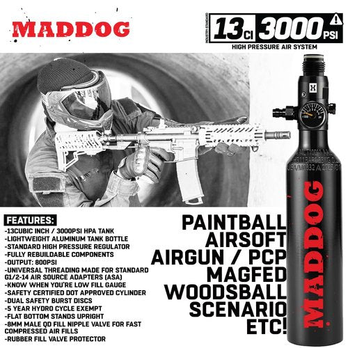 Maddog 13ci/3000psi Aluminum Compressed Air HPA Paintball Tank with Regulator - Airgun Airsoft PCP - Fresh Hydro Date - Refillable Tank Ships Empty - Single