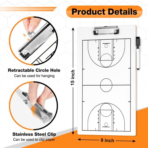QUEENLINK Basketball Coaching Board, Double-Sided Tactical Marker Board with Full and Half Court, Dry Erase Clipboard for Basketball Coaches, Includes a Marker