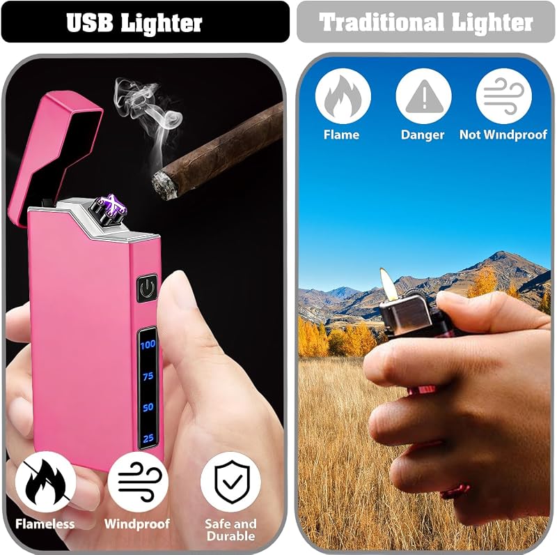 Electric Pink Plasma Lighter – USB Rechargeable, Windproof Flameless Coil with Battery Indicator
