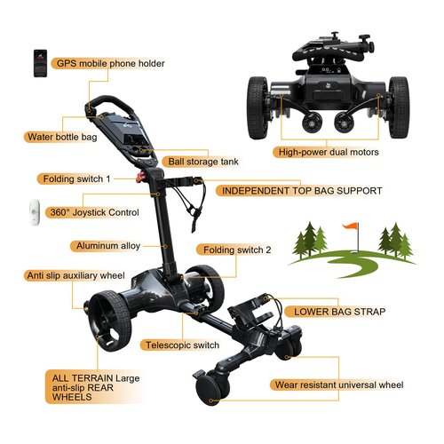 NLIEOPDA Electric Golf Cart with Remote Control, Auto-Follow Golf Push Cart Caddy, All Terrain Foldable Portable Trolley Golf Cart Accessories, Phone-GPS