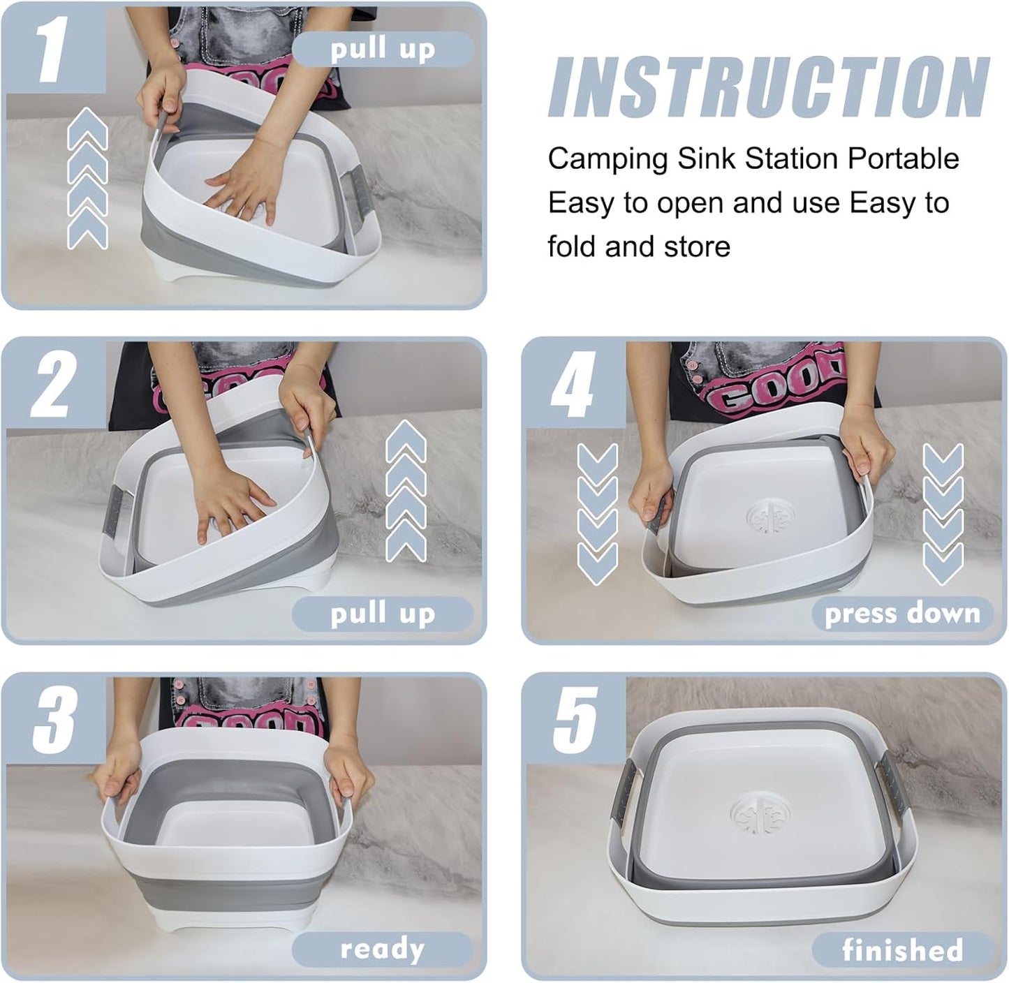 2.4Gal (9L) Collapsible Wash basin With Drain Plug, Suitable For Kitchen Sinks/Outdoor Camping/RV Use, Space-Saving, Highly Portable Washbasin Ideal For Travel (Gray)