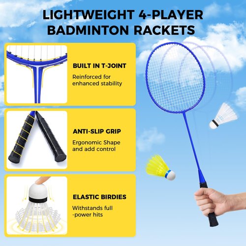 BAGAIL Outdoor Badminton Net Set with Anti-Sag Winch System - Official Size 20ft x 5ft, 4 Rackets, 3 Shuttlecocks, Durable PE Net & Carry Bag for Backyard, Beach, Family Games - Blue