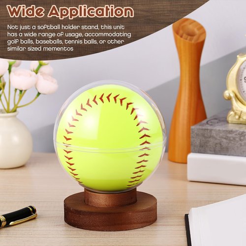 Leinuosen Softball Display Case Clear Ball Holder with Wooden Base Softball Holder Stand for Single Sports Ball Storage Collections Acacia Wood