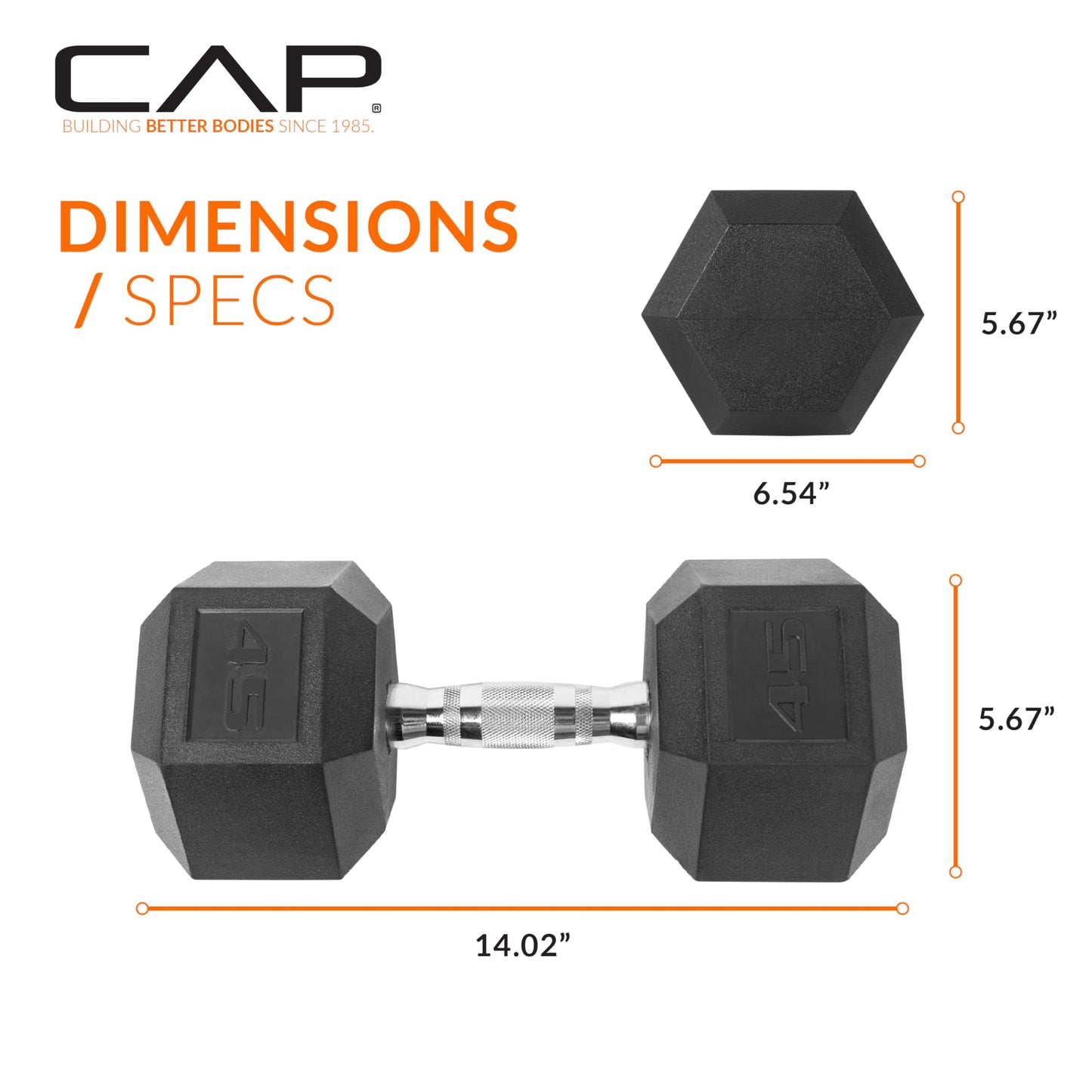 CAP 45 LB Rubber Coated Hex Dumbbell Weight, Rubber Free Weights for Home Gym Strength Training, Chrome Handle, Pair