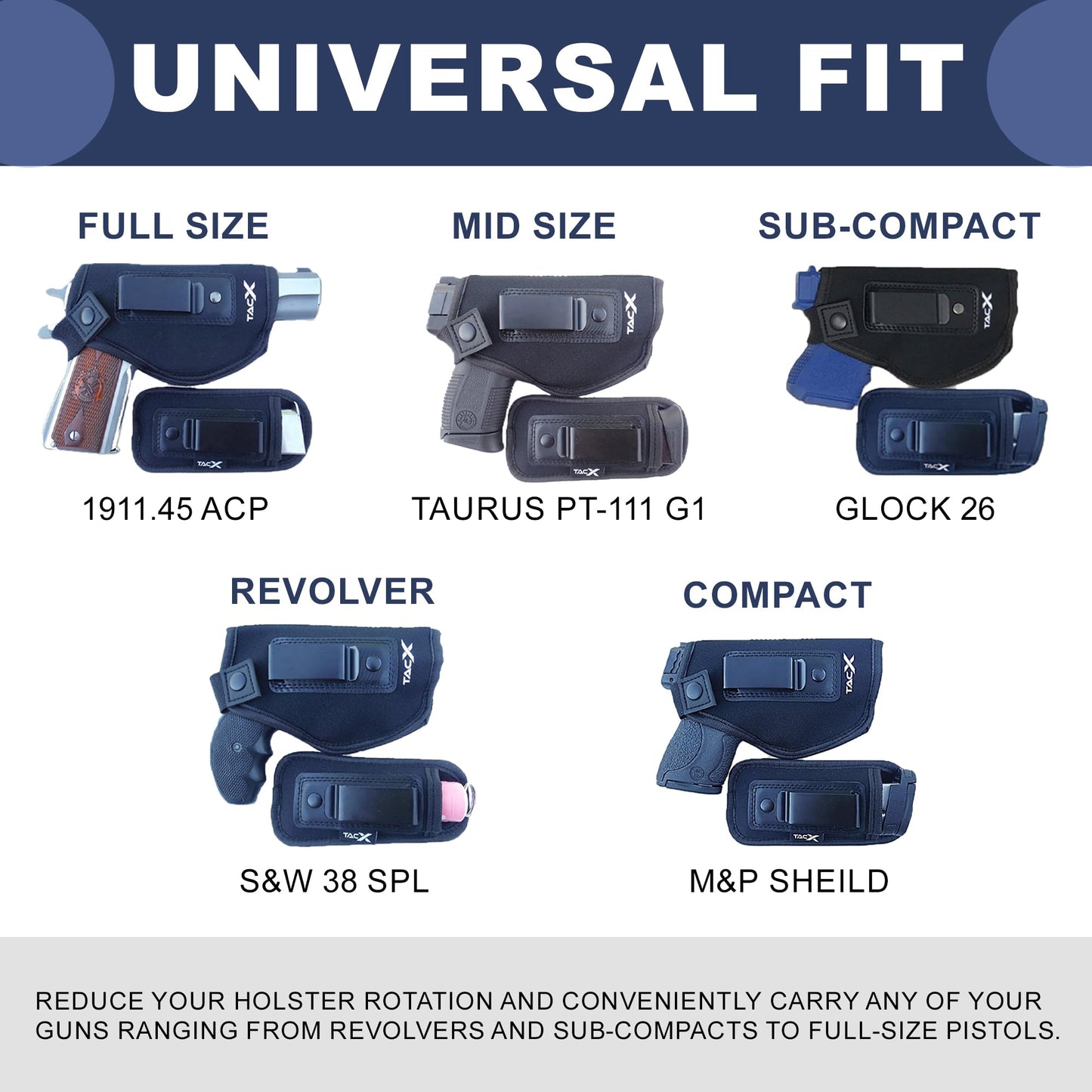 TacX Pro Gear Universal IWB Holster Bundle | Concealed Carry | Inside The Waistband | Flexible, Breathable, Neoprene | S&W M&P Shield 9/40 1911 XDS Taurus Glock (Right Bundle)