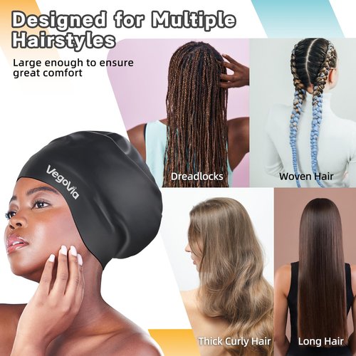VegoVia Extra Large Swim Cap for Braids and Dreadlocks, Women Swimming Cap Waterproof for Black Women Adult Men Locs Long Hair Keep Hair Dry, Cover Ear Silicone Swim Hat for Bathing Pool