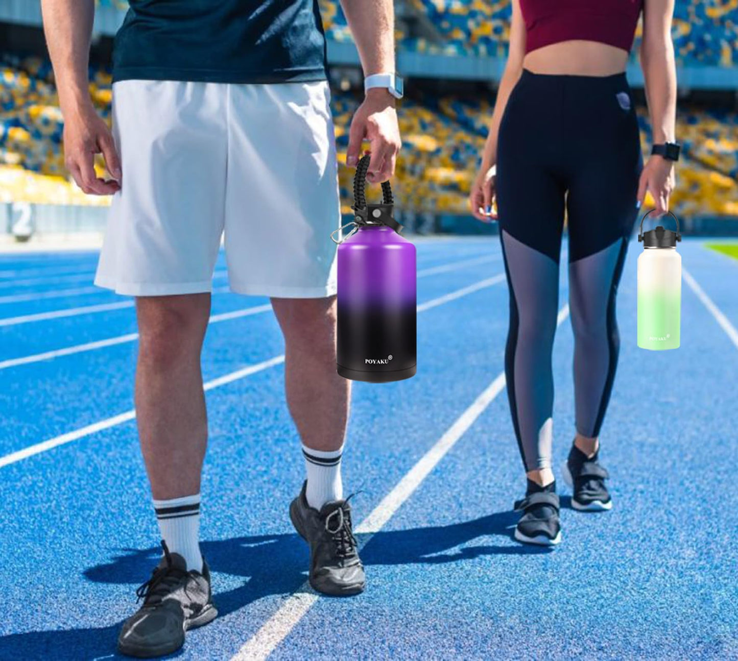 Water Bottle Insulated 32oz 40oz 64oz 128oz Straw Lid Spout Lid & 3 Lids, Leak Proof, Vacuum Insulated,Stainless Steel Water Bottle Wide Mouth for Sports, Gym or Office (Purple Black, 128 oz)