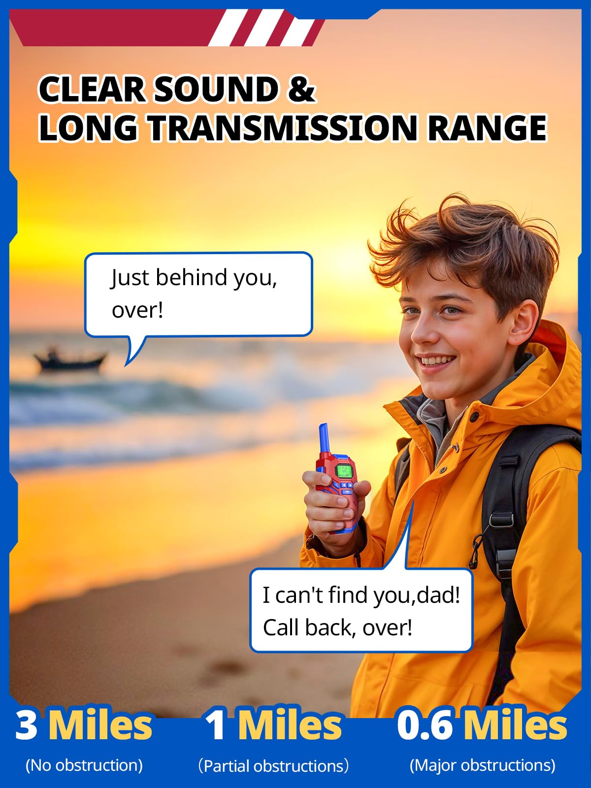 Inspireyes Walkie Talkies for Kids Rechargeable, Long Range 2 Way Radio, Outdoor Beach Camping Road Trip Role Play Toys Birthday Xmas Gift for Boys Age 7-12, 2 Pack