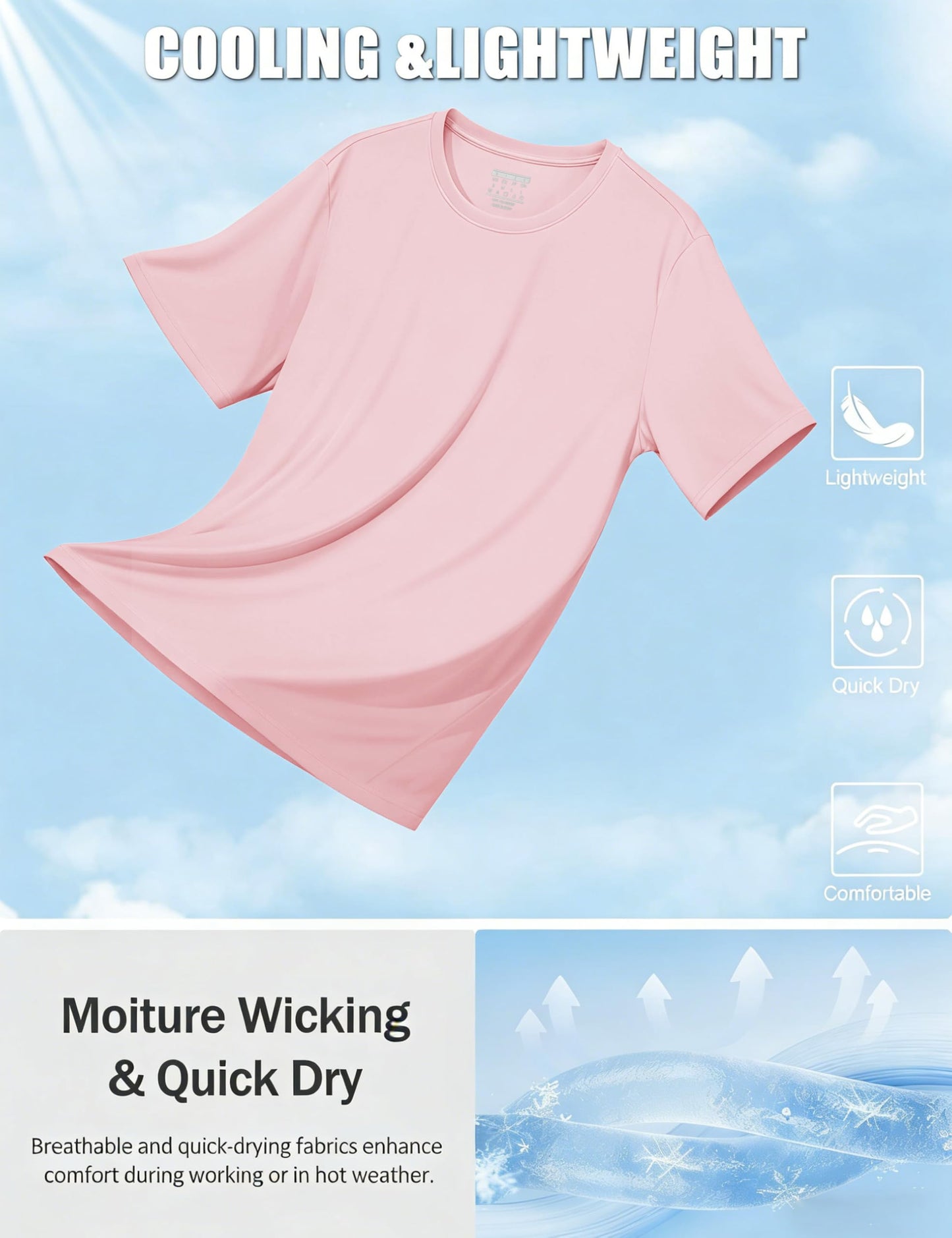 TACVASEN Men's Athletic Shirts Swim Short Sleeve Mens Workout Shirts Quick Dry Fit Running Performance Sun Protection UPF 50+ T-Shirt Light Pink 2XL